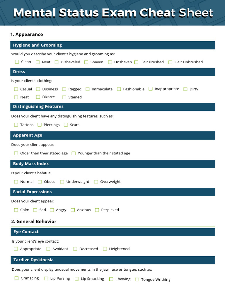 Mental Status Exam Cheat Sheet | PDF | Affect (Psychology) | Mood ...