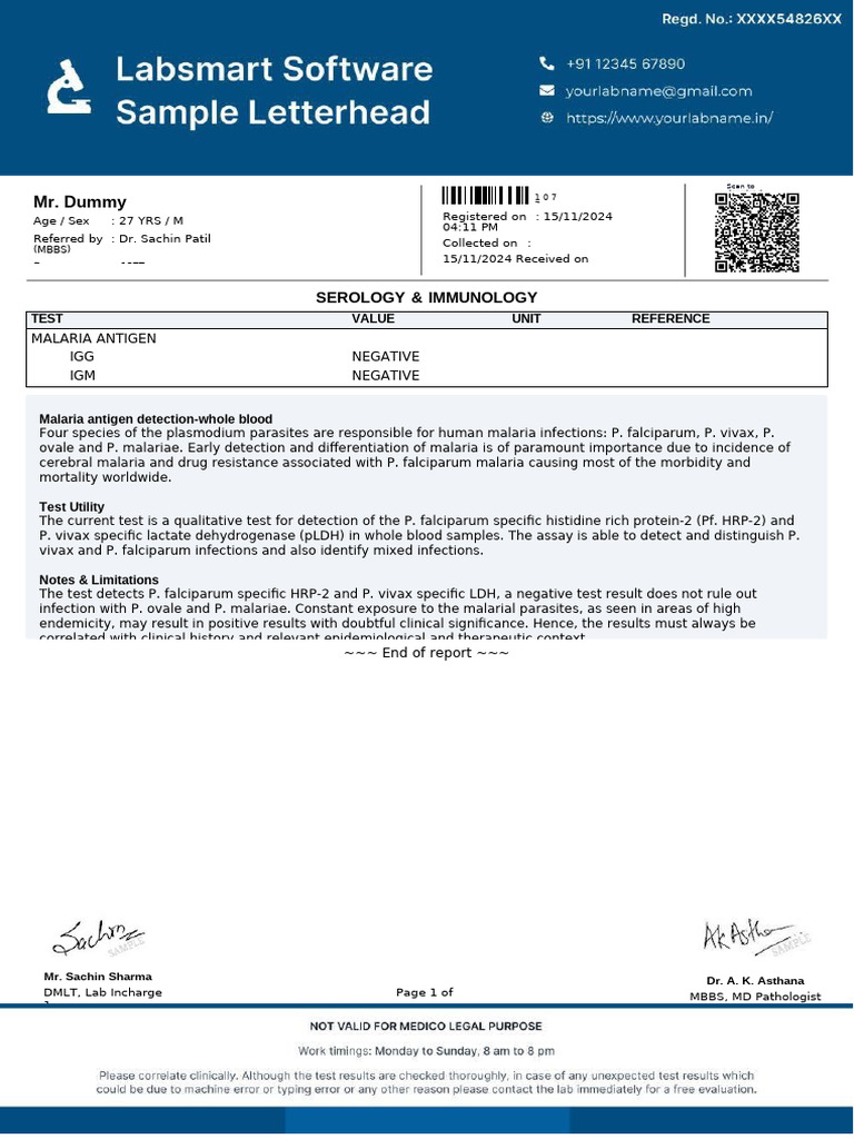 Malaria Antigen Test Report Format | PDF | Malaria | Plasmodium Falciparum