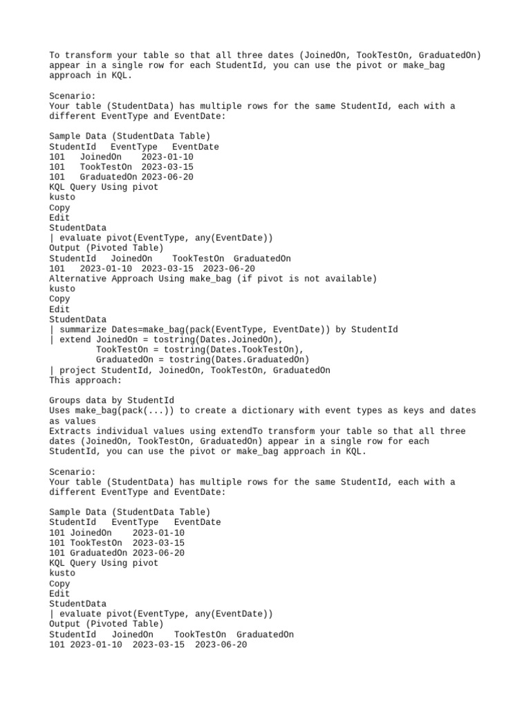 KQL Pivot and Make_Bag for Dates | PDF