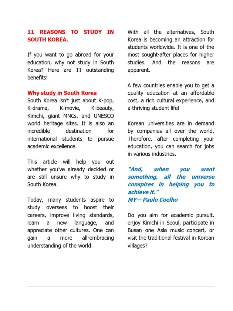 11 Reasons To Study in South Korea | PDF | South Korea | World Politics