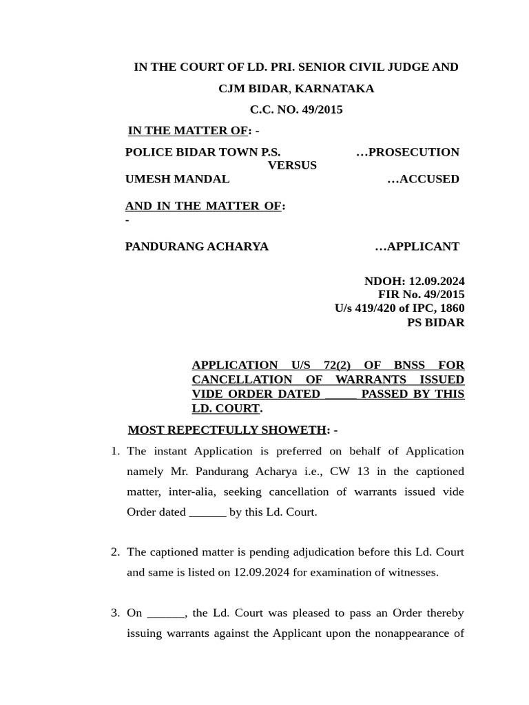 Application For Cancellation of Warrants | PDF | Public Law | Criminal ...