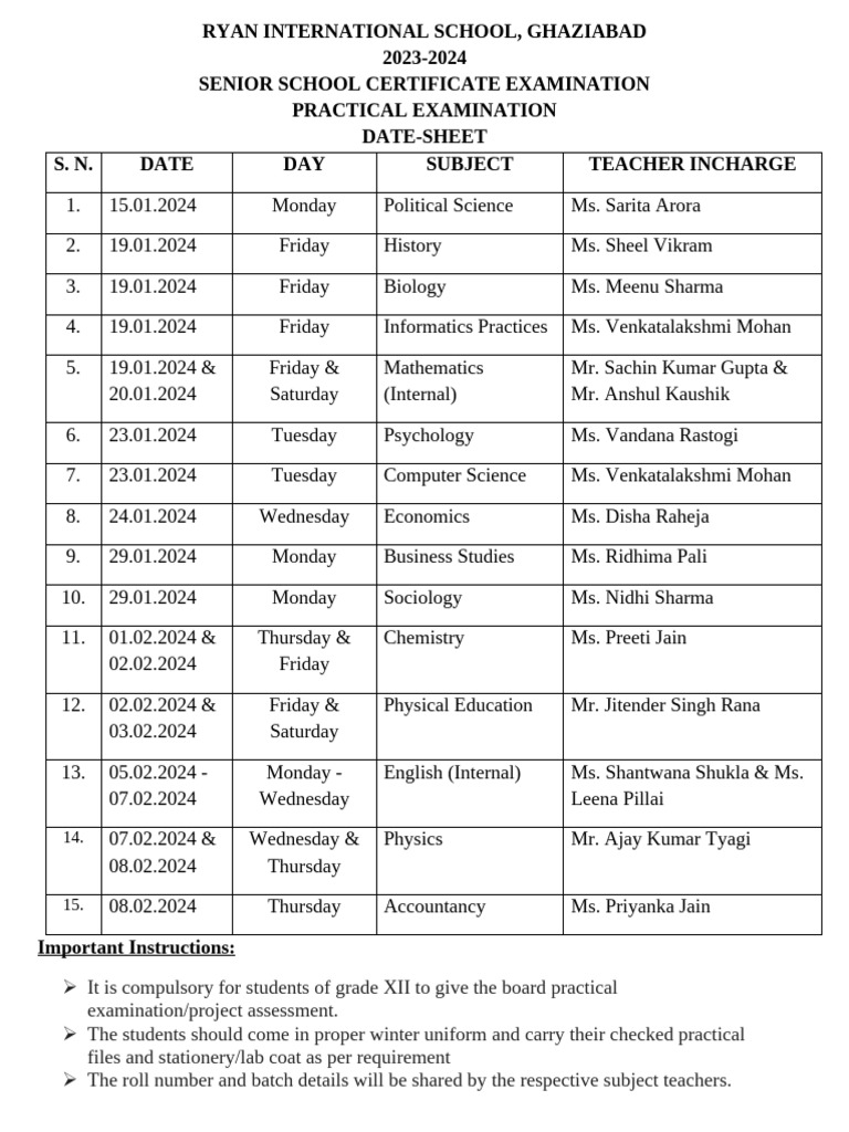 Ryan International School Ghaziabad Practical Exam Schedule 2024 | PDF