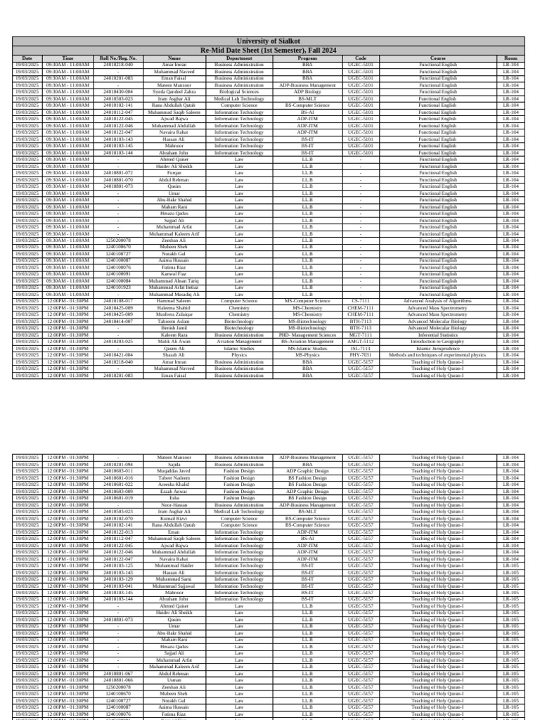 Sialkot University Fall 2024 Exam Schedule | PDF