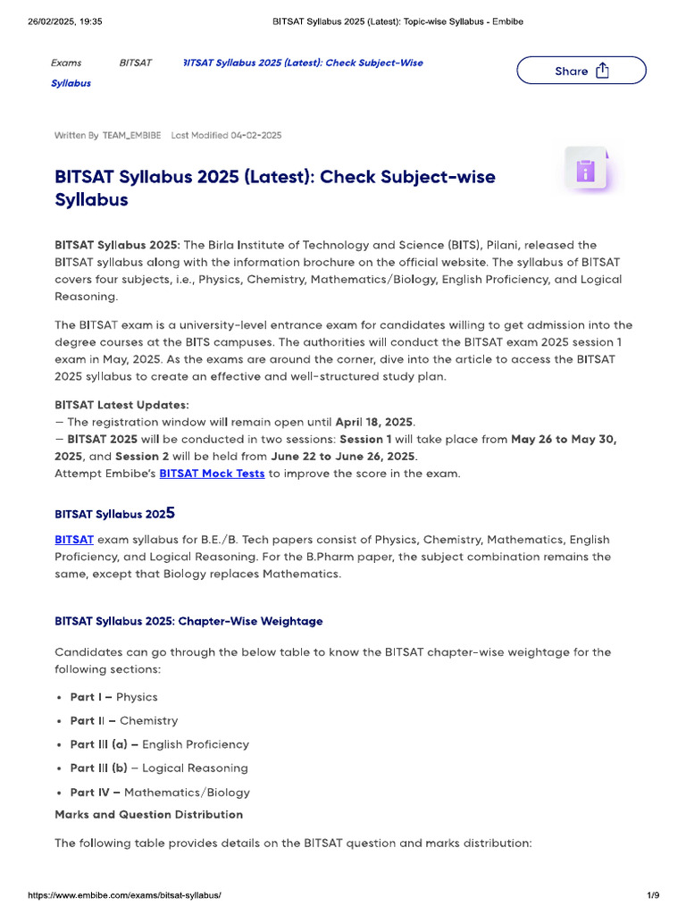 Bitsat Syllabus | PDF