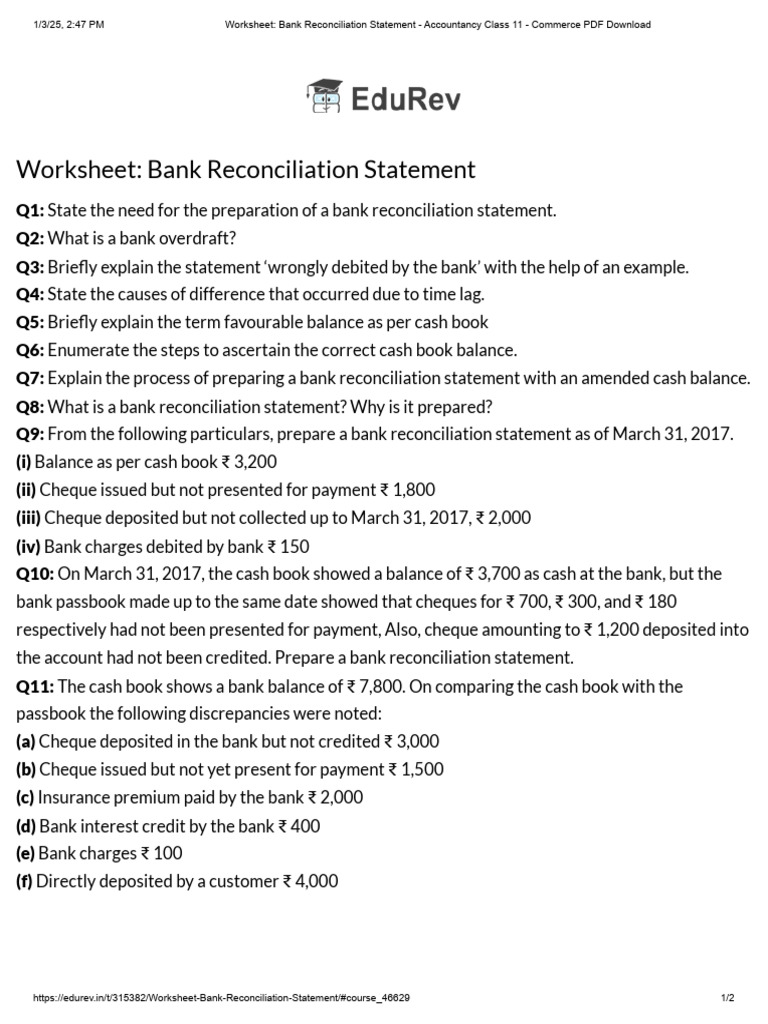 BRS Worksheet for Class 11 Accountancy | PDF | Banks | Cheque