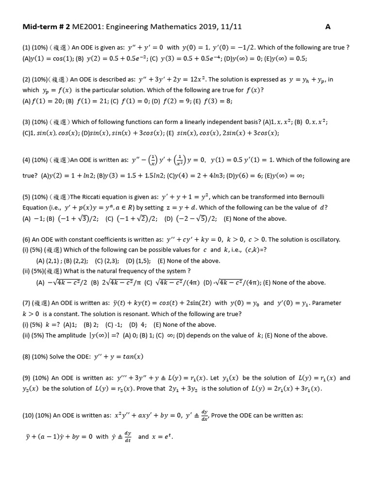 Engineering Mathematics ODE Exam Review | PDF | Ordinary Differential ...