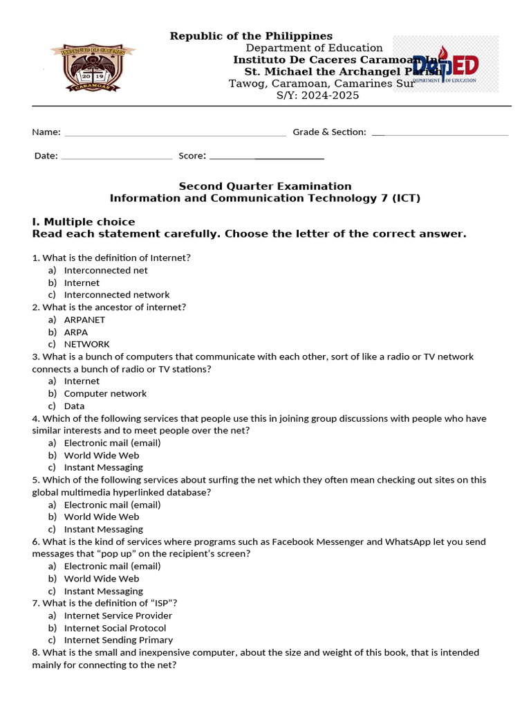 2nd Quarter Exam in Ict 7 | PDF | Internet | Computer Network