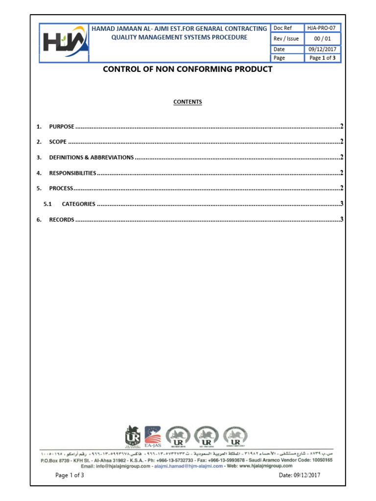 Control of Non-Conforming Products | PDF | Quality Management System ...