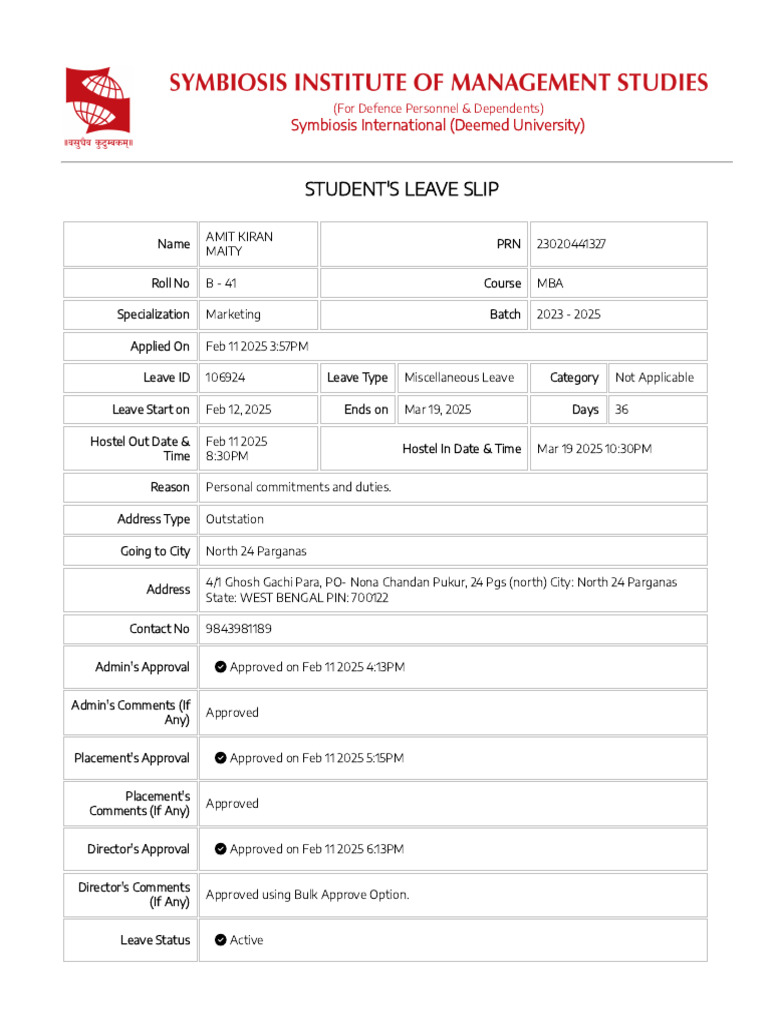 MBA Leave Slip for Amit Kiran Maity | PDF