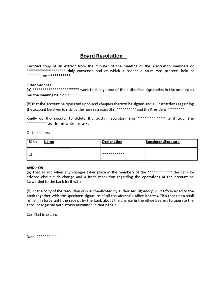Board Resolution for Bank Signatory Change | PDF
