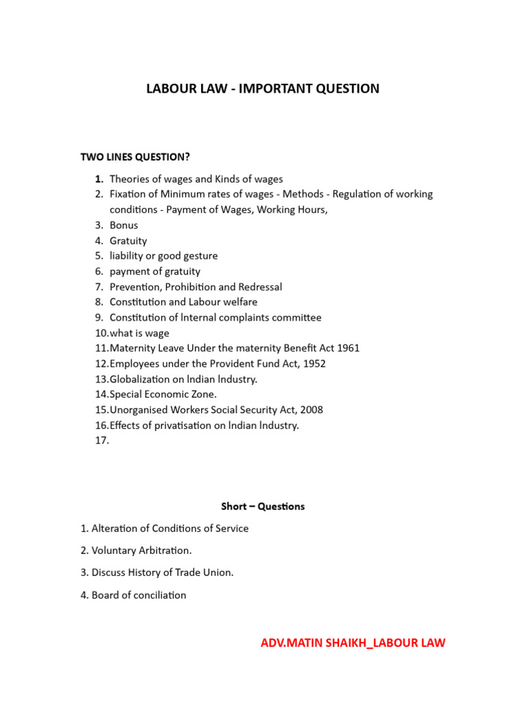 Key Questions on Labour Law Concepts | PDF | Labor | Labor Relations