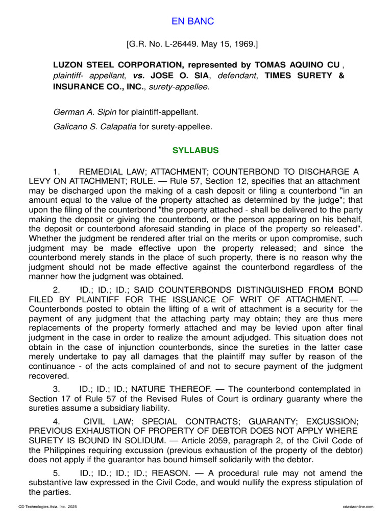 Luzon Steel Corp. v. Sia: Counterbond Ruling | PDF | Guarantee | Surety