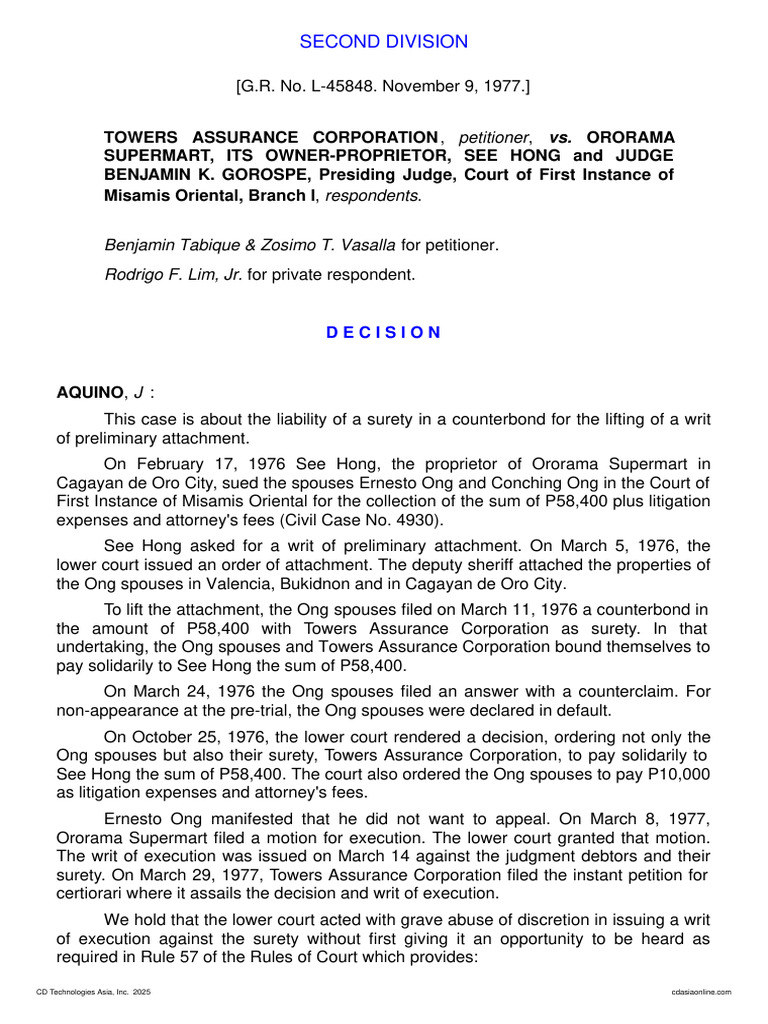 Surety Liability in Preliminary Attachment Case | PDF | Judgment (Law ...