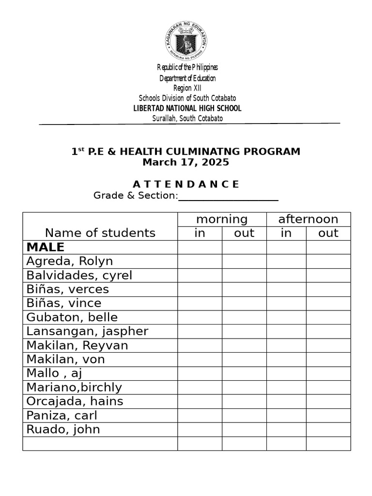 P.E Culminating Attendance 2025 | PDF