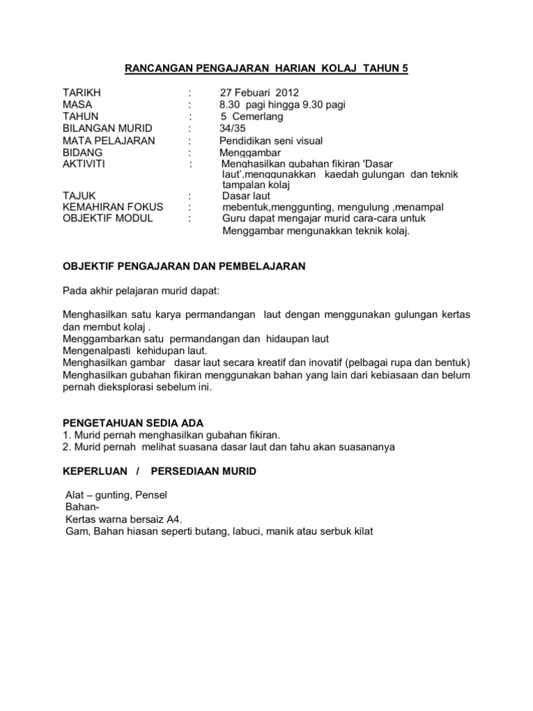 Rancangan Pengajaran Harian Kolaj Tahun 5 Pdf
