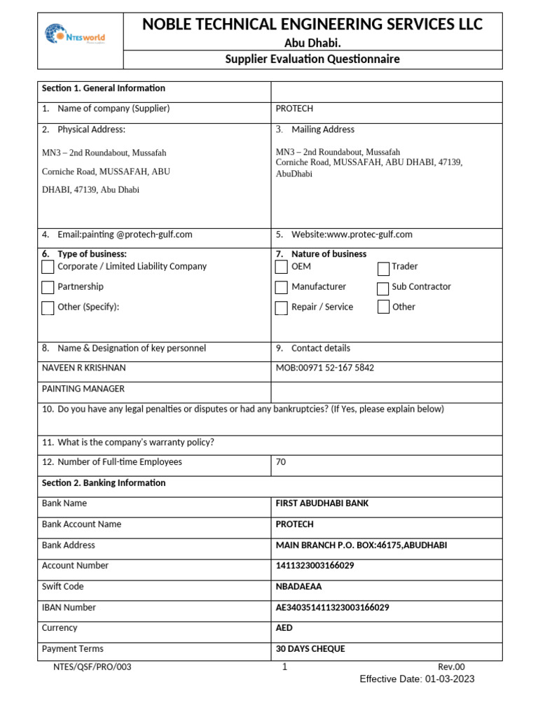 FM03-Supplier Evaluation Questionnaire | PDF | Business