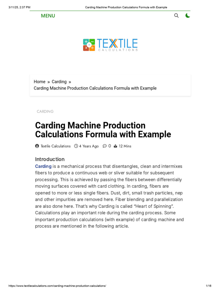 Carding Machine Production Calculations Formula With Example | PDF ...