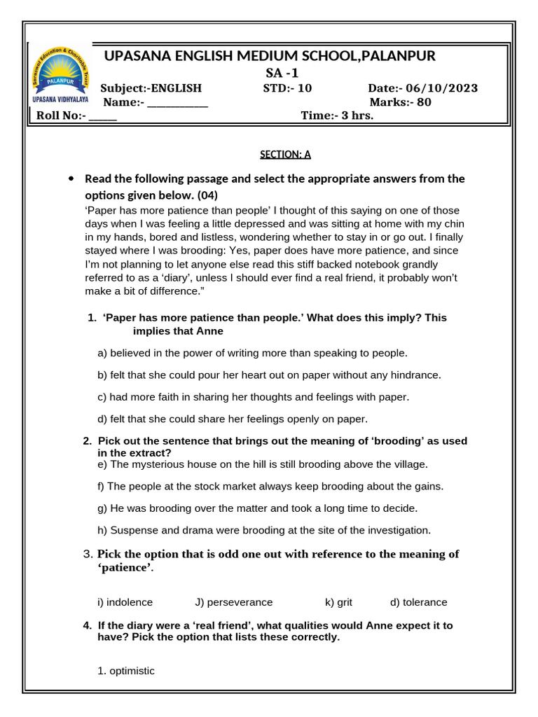 Grade 10 English SA-1 Question Paper | PDF | Sound