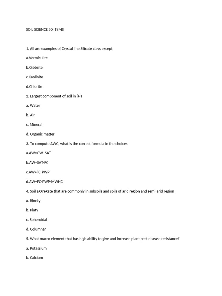 Soil Science Quiz: 50 Questions & Answers | PDF | Soil | Nutrients