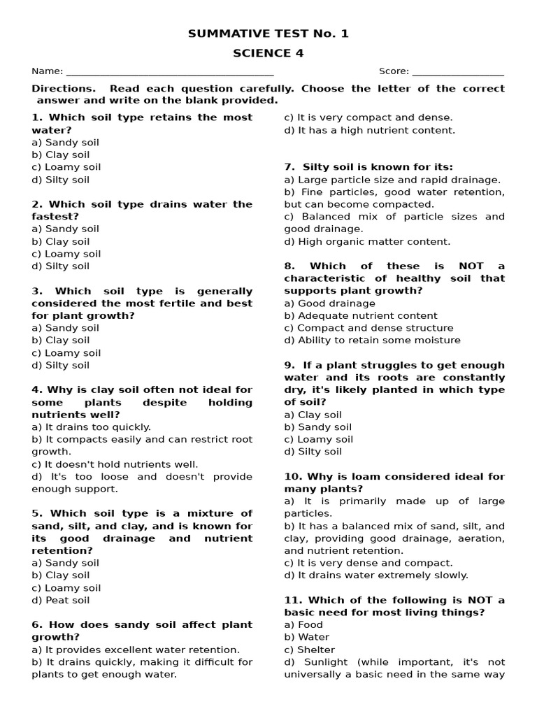 Science4 Q4 W1 2 Summative Test 1 Pdf Soil Loam