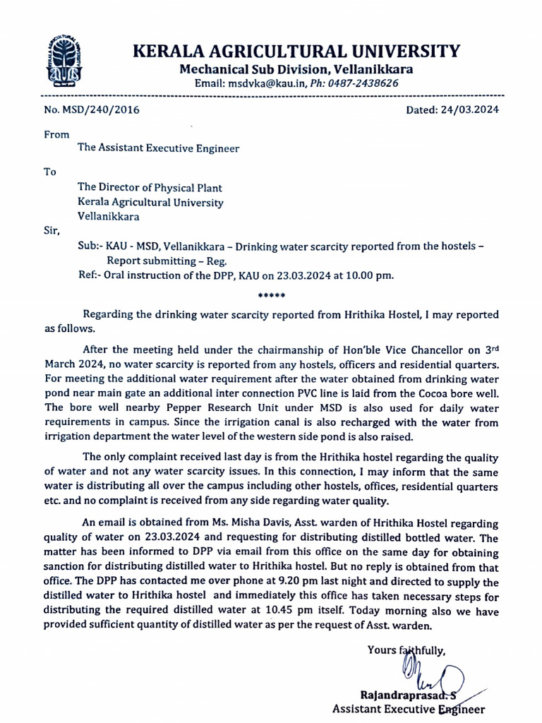 Letter To DPP - Drinking Water Scarcity Reported - 24.03.2024 | PDF ...