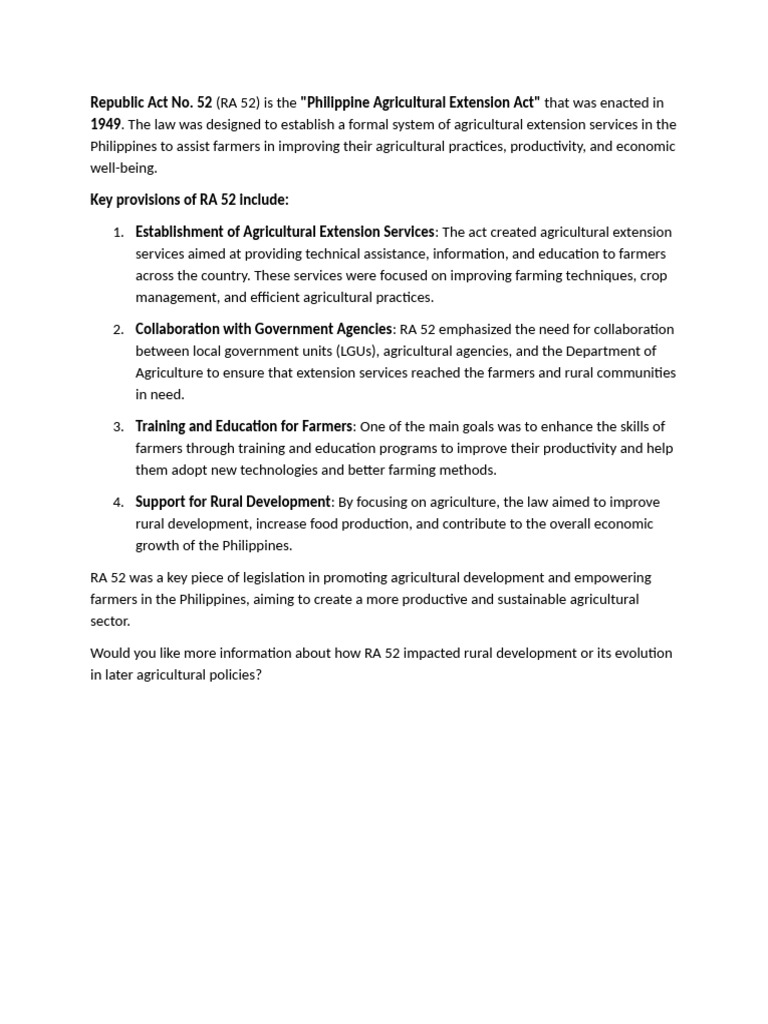 Republic Act No. 52 "Philippine Agricultural Extension Act" 1949 | PDF