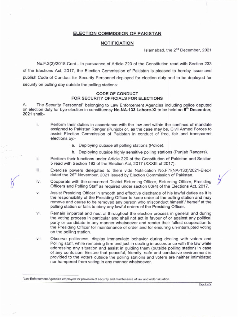 Code of Conduct For Security Officials For Elections | PDF