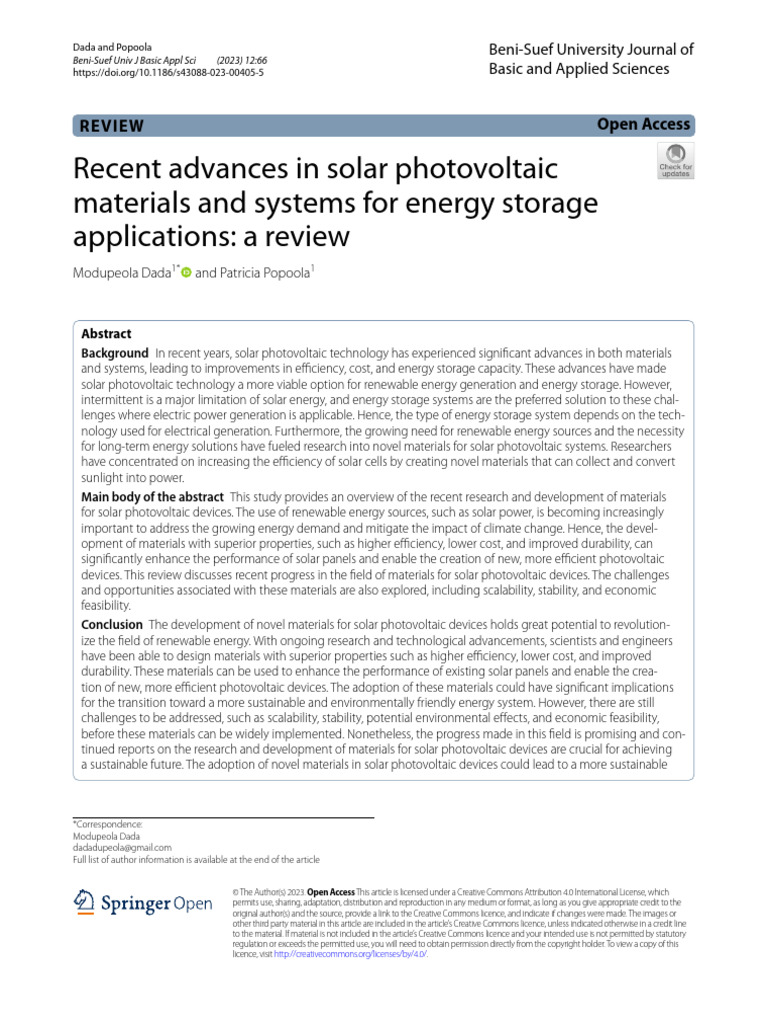 Recent Advances in Solar Photovoltaic Materials and Systems For Energy ...