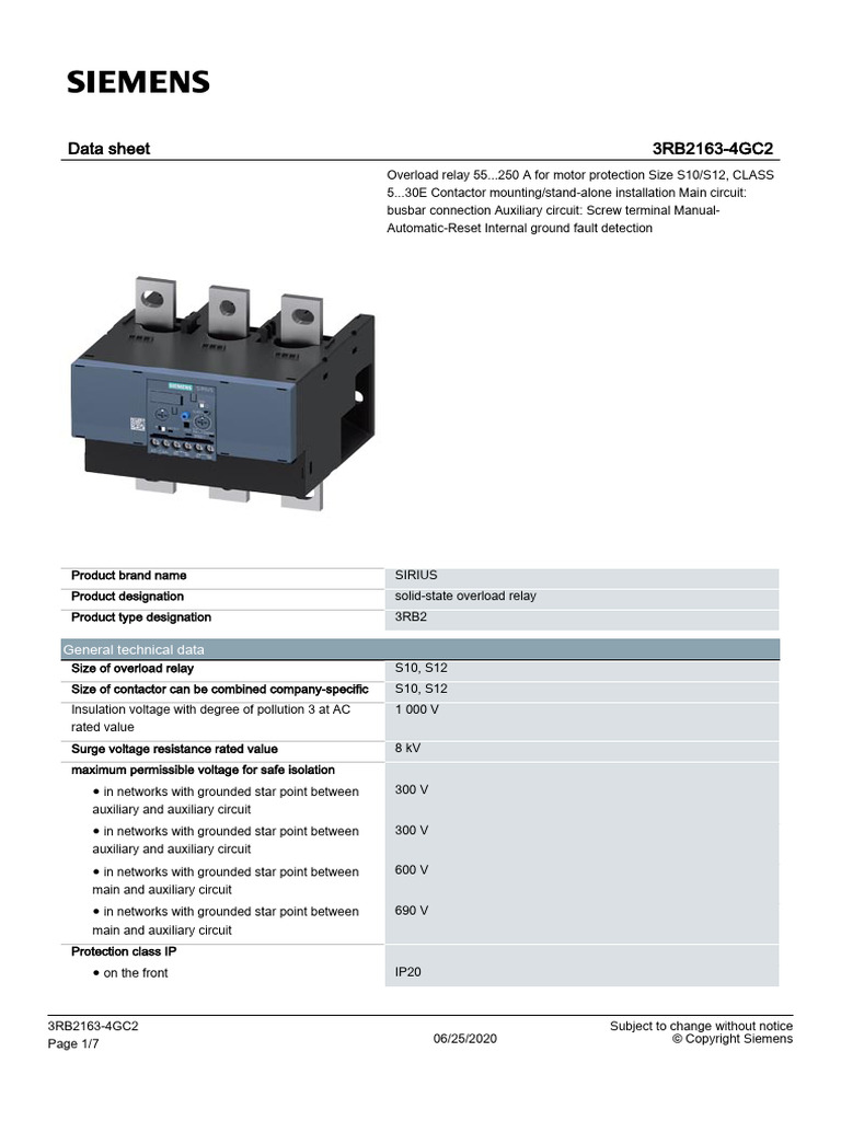 Siemens 3RB2163-4GC2 Relay Data Sheet | PDF | Relay | Alternating Current