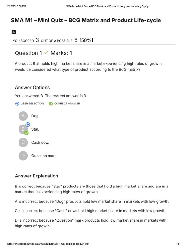 BCG Matrix Mini Quiz Results | PDF