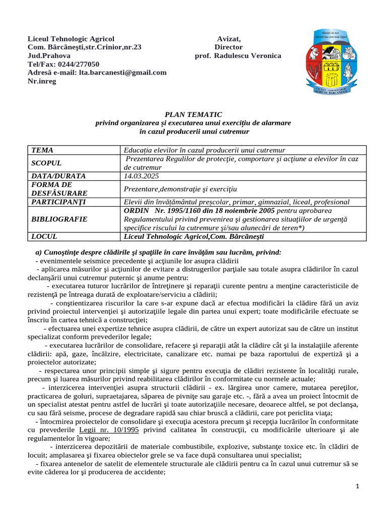 Plan Tematic În Cazul Producerii Unui Cutremur | PDF