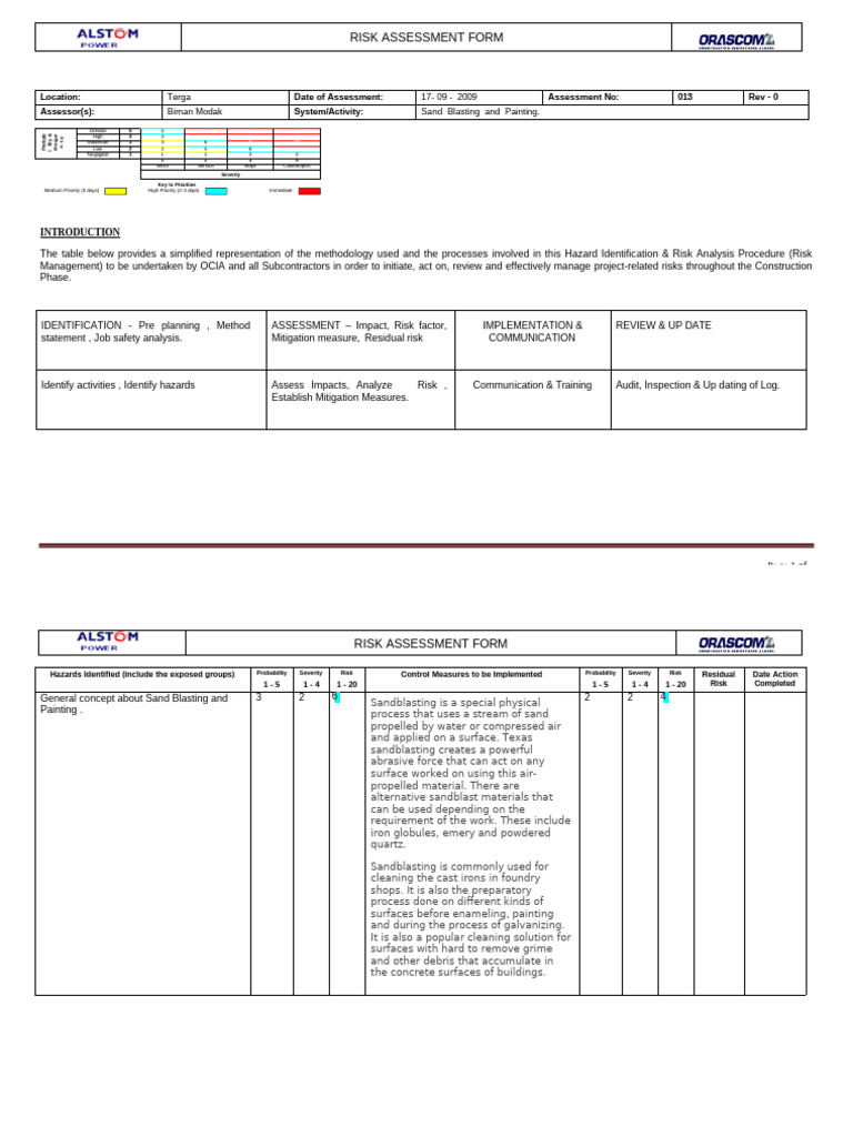 Sand Blasting and Painting Risk Assessment | PDF | Occupational Safety ...