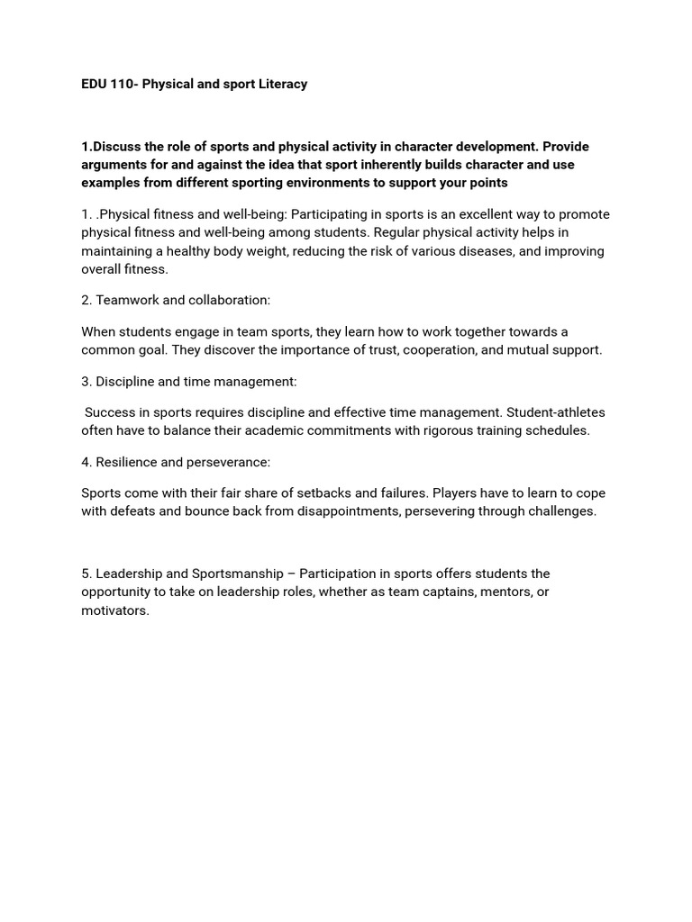 Physical Literacy and Sports Impact | PDF | Sports | Psychological ...