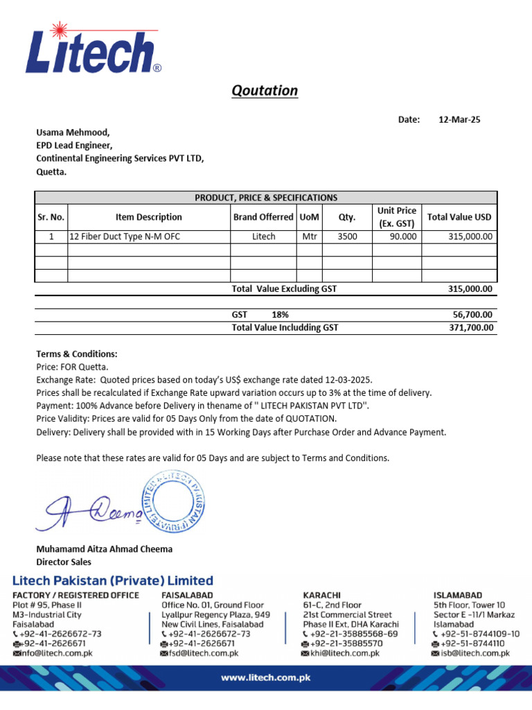 Quotation for Fiber Duct Supply | PDF