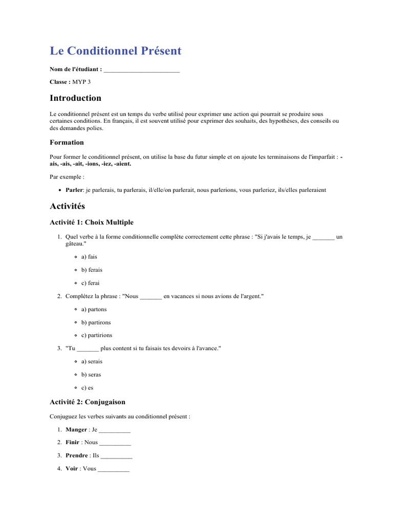 Exercices sur le Conditionnel Présent | PDF