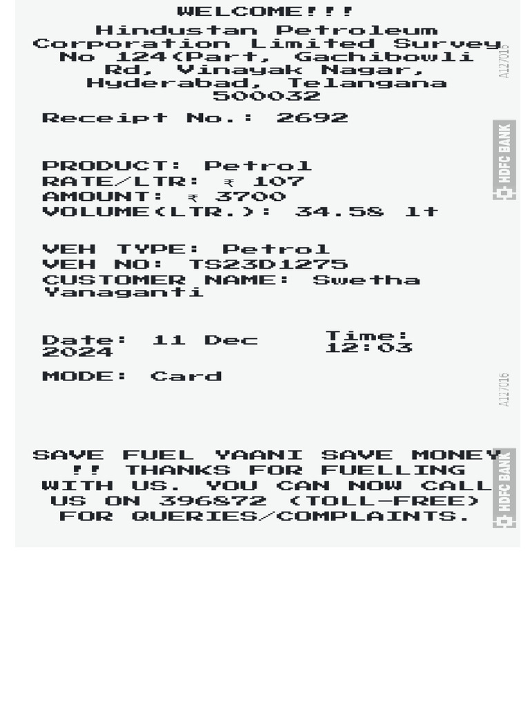 HPCL Petrol Receipt for Swetha Yanaganti | PDF