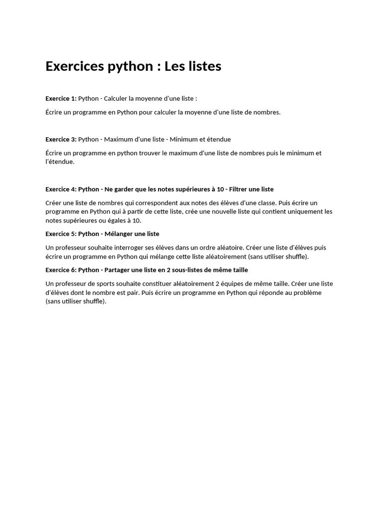 Exercices Python sur les listes | PDF