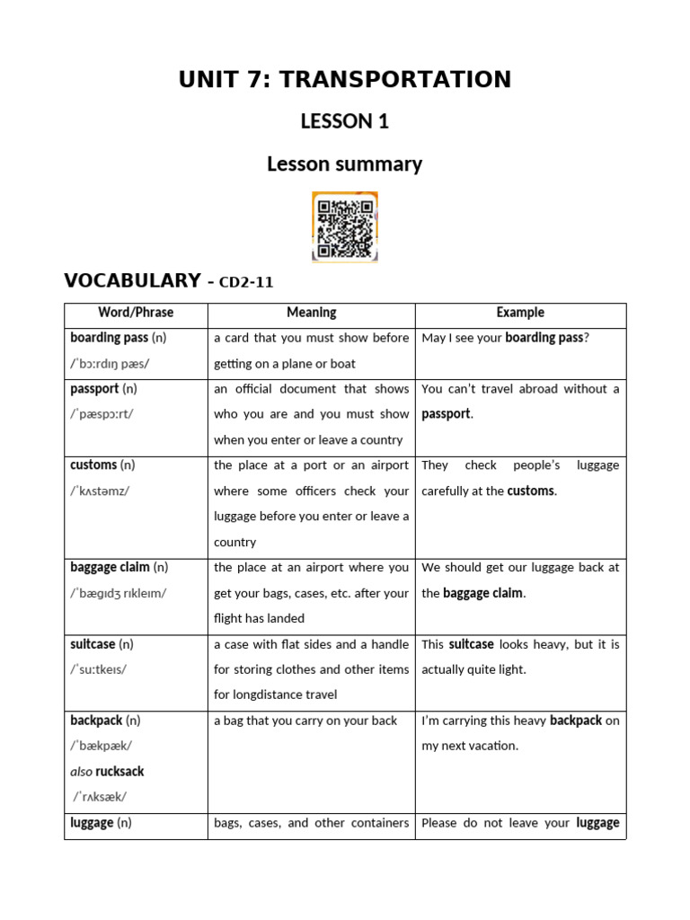 Transportation Vocabulary and Grammar Guide | PDF | Baggage | Stress ...