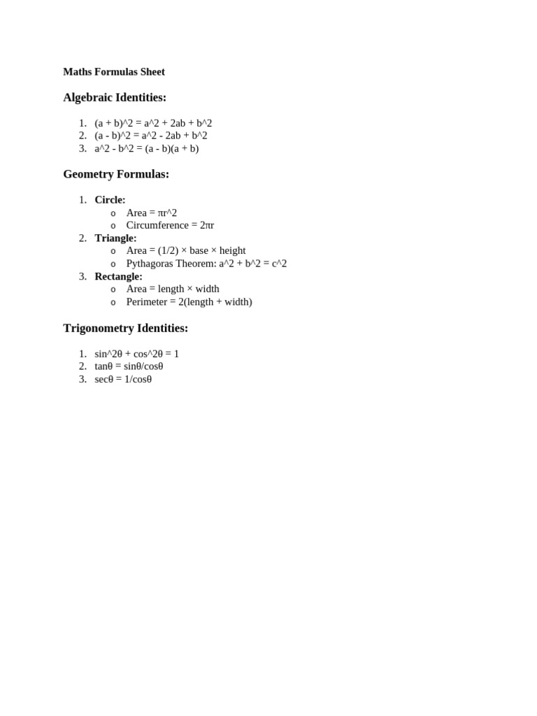 Essential Maths Formulas Sheet | PDF