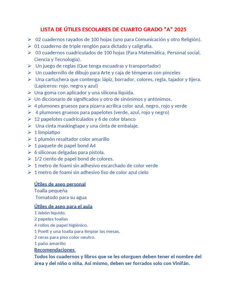 Lista de Útiles Escolares de Cuarto Grado | PDF