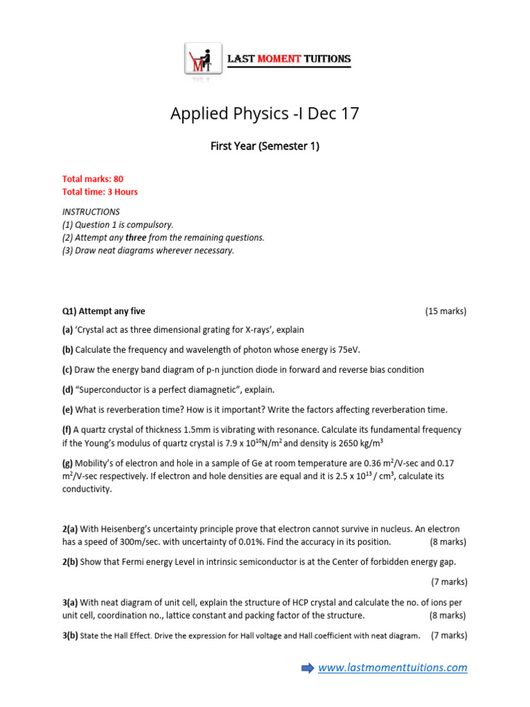 Applied Physics I Exam Questions | PDF | Electron | Crystal Structure