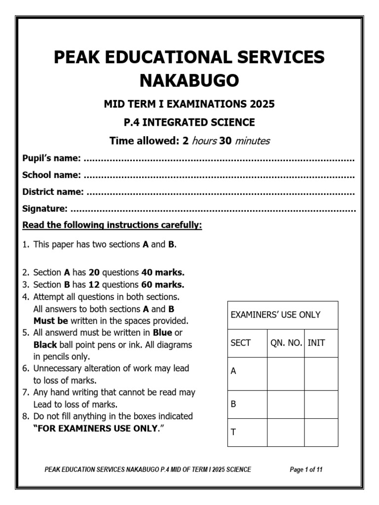 P.4 Integrated Science Mid Term Exam 2025 | PDF | Foods | Mosquito