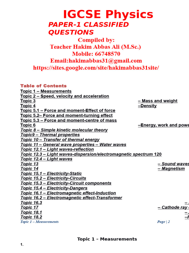 IGCSE Physics Paper 1 Overview | PDF | Acceleration | Electromagnetic ...