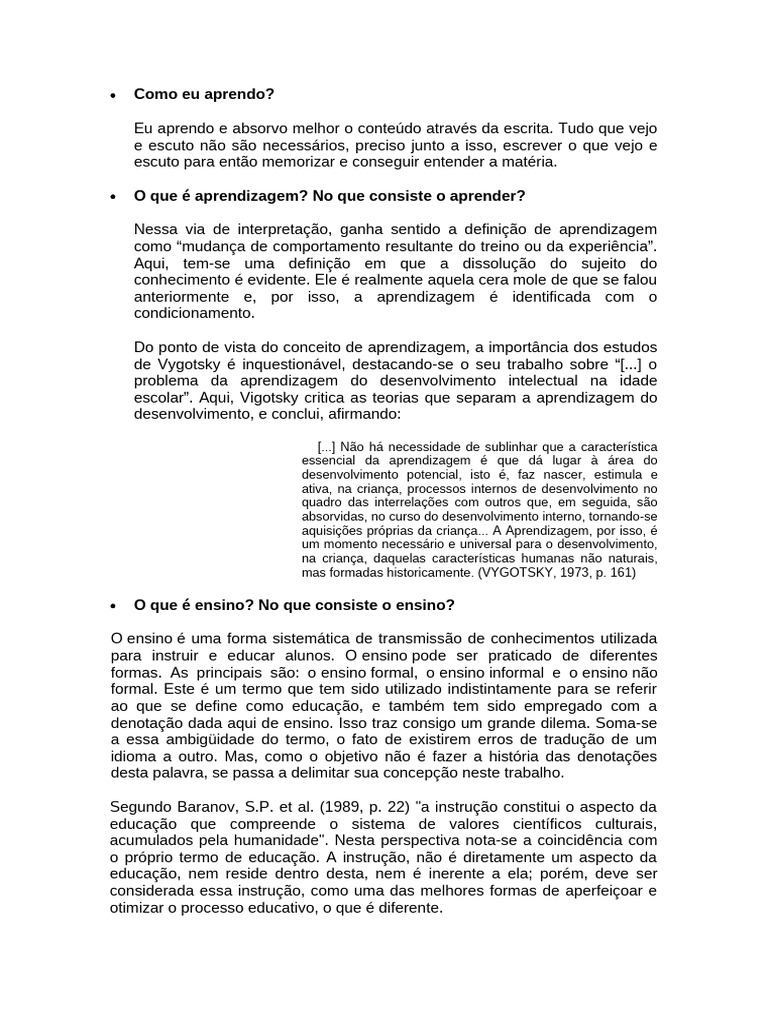 Aprendizagem e Ensino: Conceitos e Práticas | PDF | Aprendizado