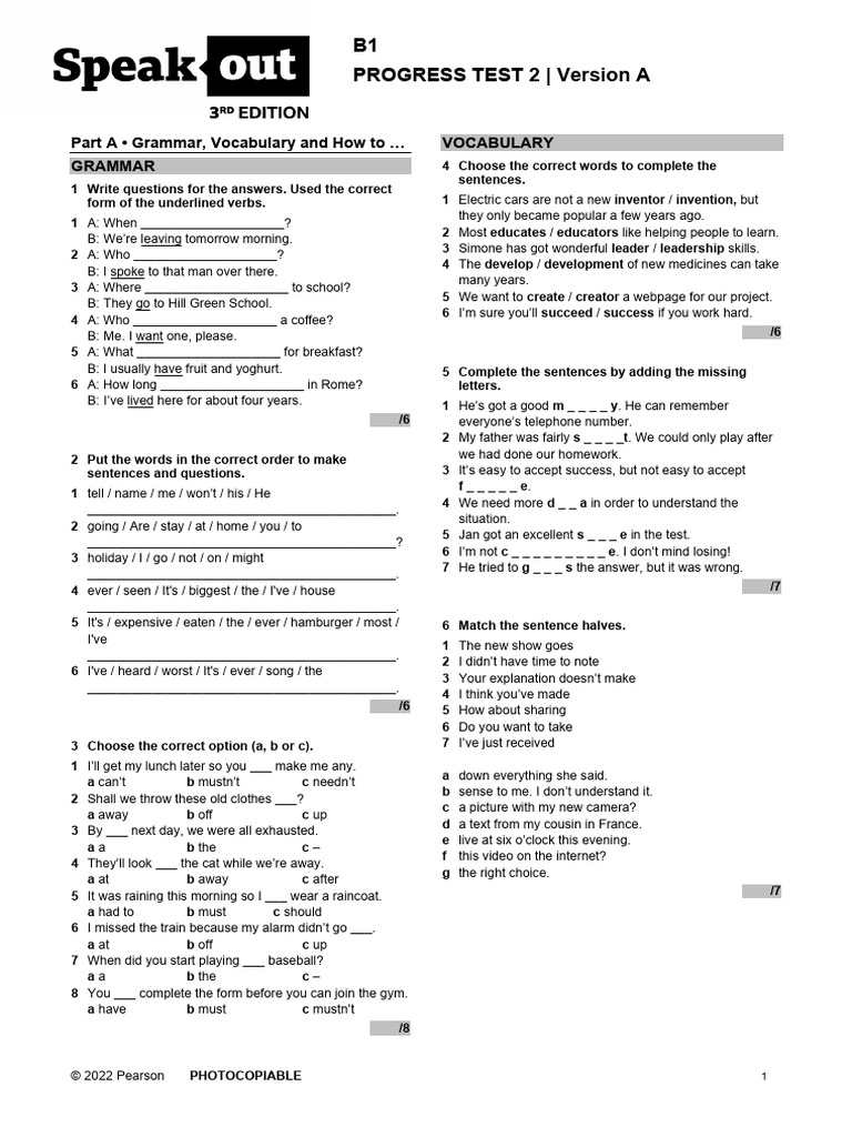 SO3 B1 Progress Test 2A PDF | PDF | Communication | Mind