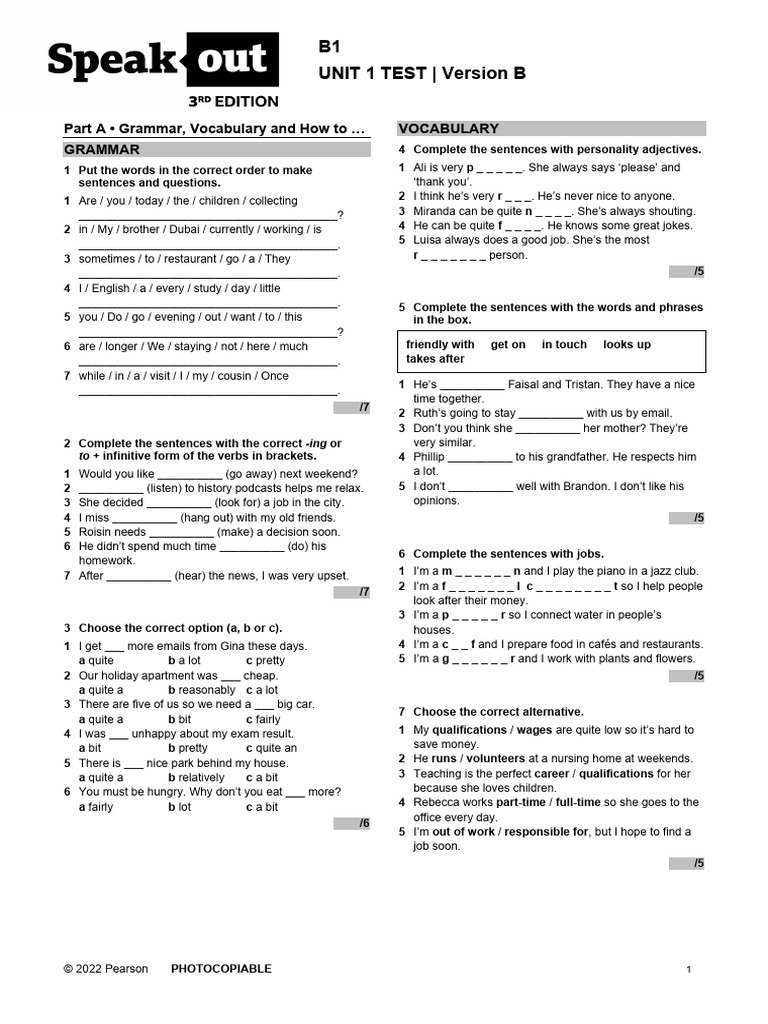 B1 Unit 1 Test Overview | PDF | Linguistics