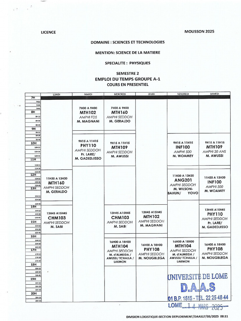 Emploi Du Temps PHY Mousson 2024-2025 | PDF