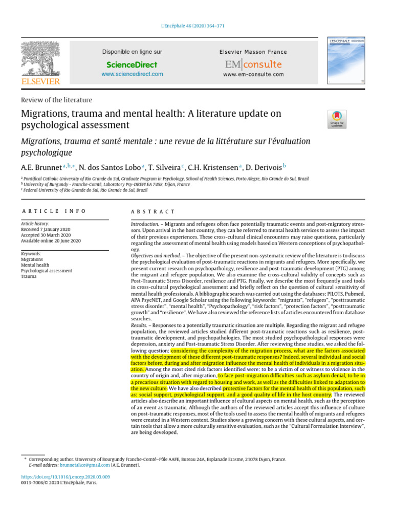 Brunnet - 2020-Migrations, Trauma and Mental Health | PDF | Mental ...
