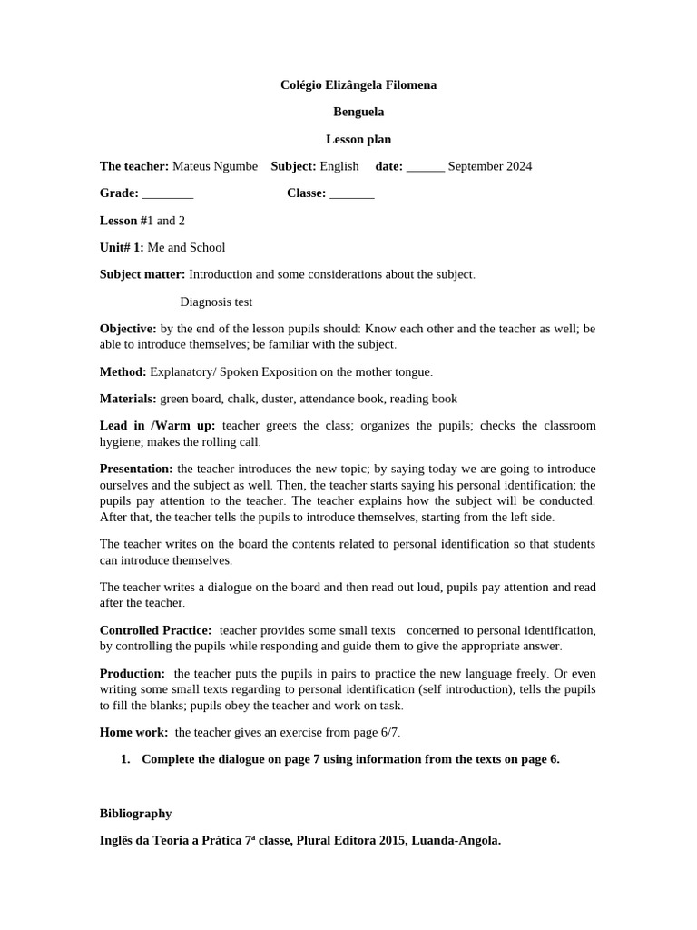 English Lesson Plan: Self-Introduction | PDF | Teachers | Lesson Plan