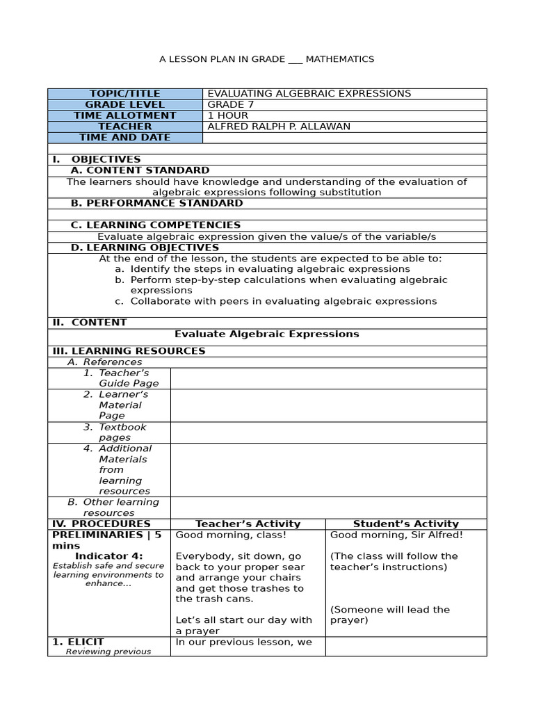 Evaluating Algebraic Expressions in Grade 7 | PDF | Learning | Teachers